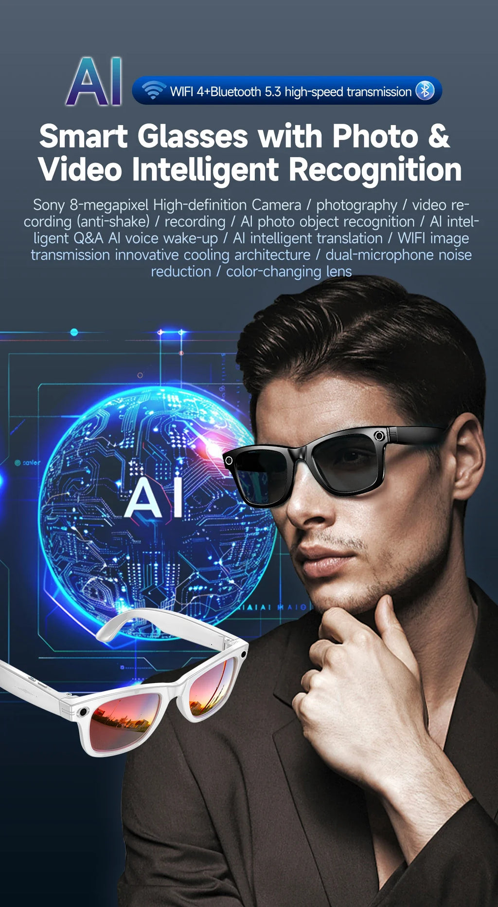 New 800W Camera AI Glasses Men Color-Changing Smart Translation Glasses Photo Video Recording Waterproof Call Smart Sunglasses