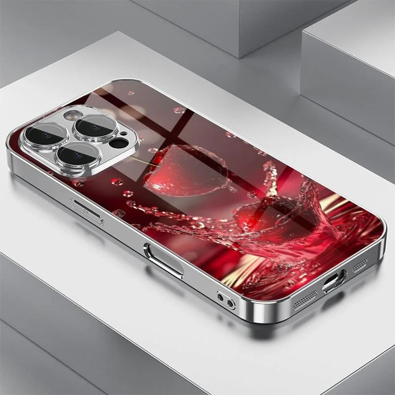 Advanced Lucky Red Water Drop Apple Pattern For iPhone Case Plating Silver Glass Design